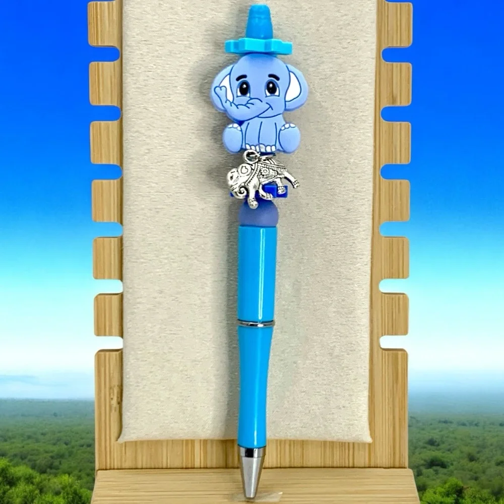 Elephant Baby Blue With Silver Beaded Ink Pen Handcrafted